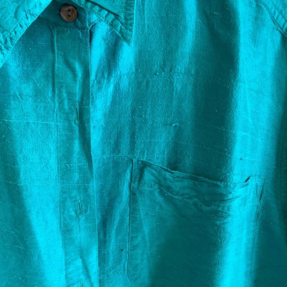 Turquoise raw silk 3/4 sleeved blouse, size L - Picture 2 of 4